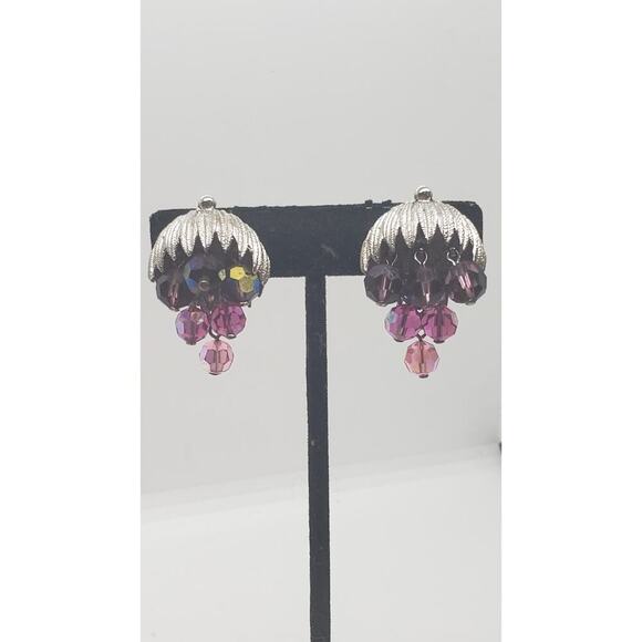 Vintage Earrings Purple Waterfall Clip On Schrager Aurora Borealis Bead Dangle - Picture 2 of 13